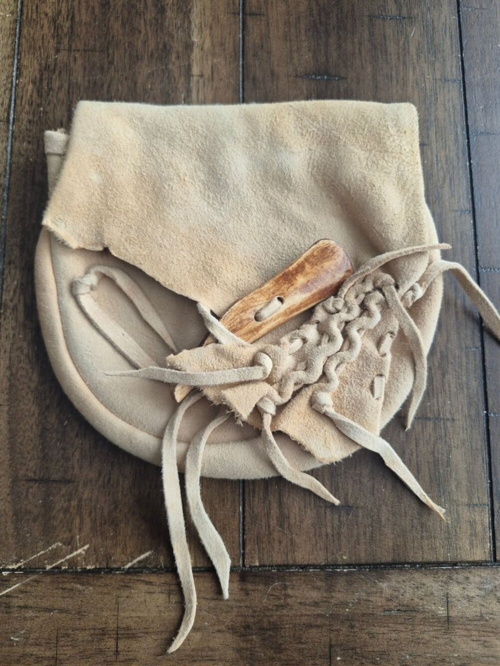 Handcrafted Tan Suede Pouch With Rustic Wooden Button & Fringe